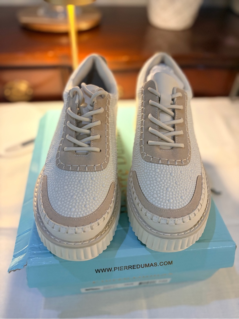 Pierre Dumas Cream and Beige Platform Lace-Up Sneakers